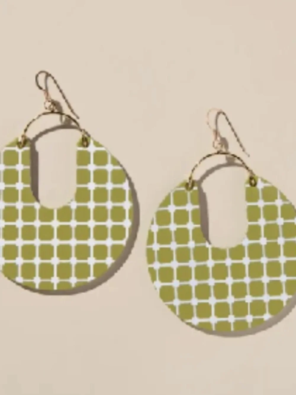 Olive Grid Pattern Round Drop Earrings